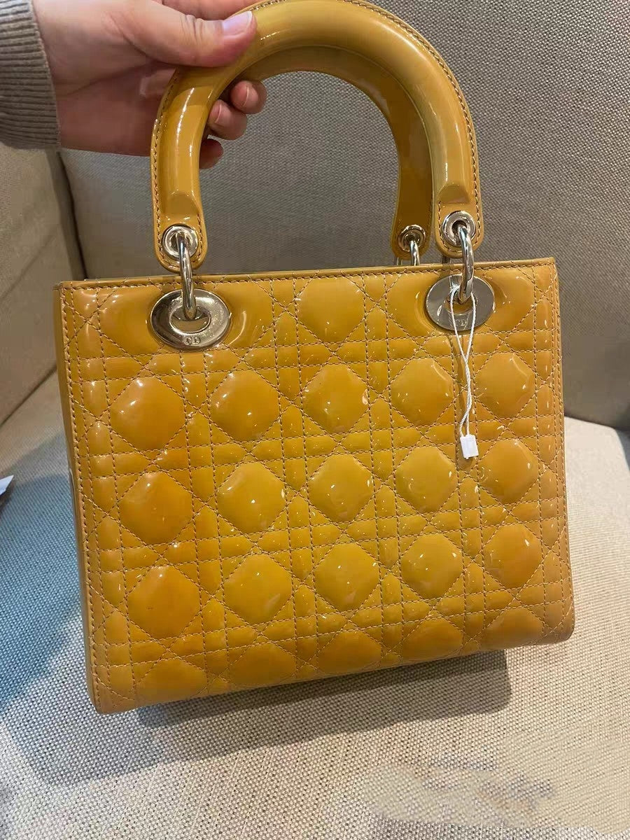 Christian Dior Lady Dior Medium Yellow Patent Leather Top Handle Bag