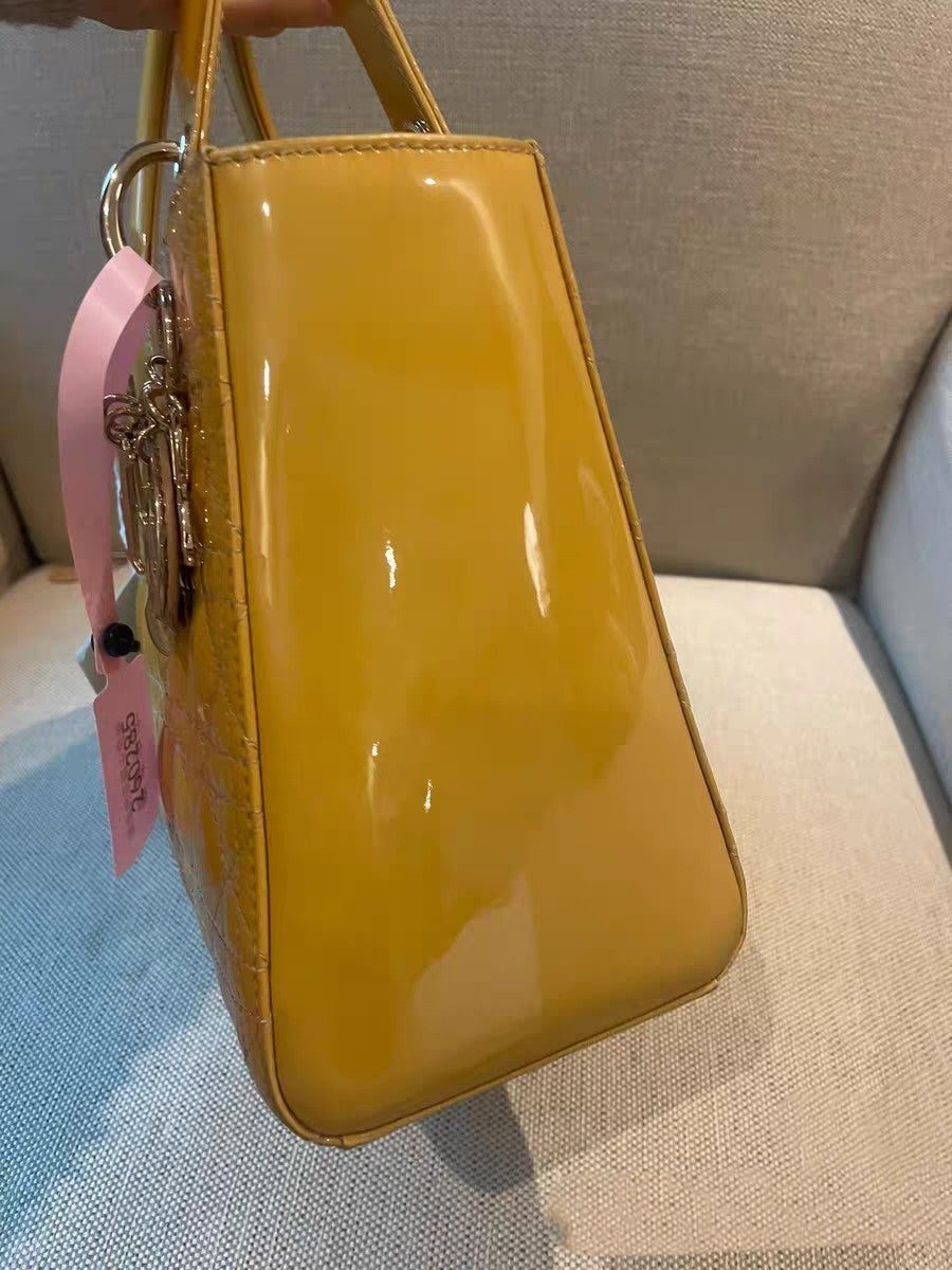 Christian Dior Lady Dior Medium Yellow Patent Leather Top Handle Bag
