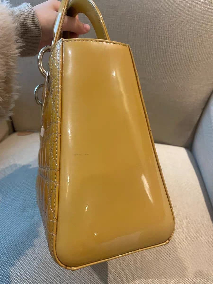 Christian Dior Lady Dior Medium Yellow Patent Leather Top Handle Bag