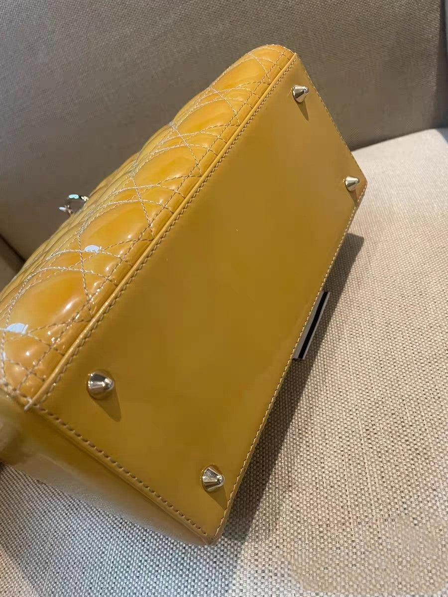 Christian Dior Lady Dior Medium Yellow Patent Leather Top Handle Bag