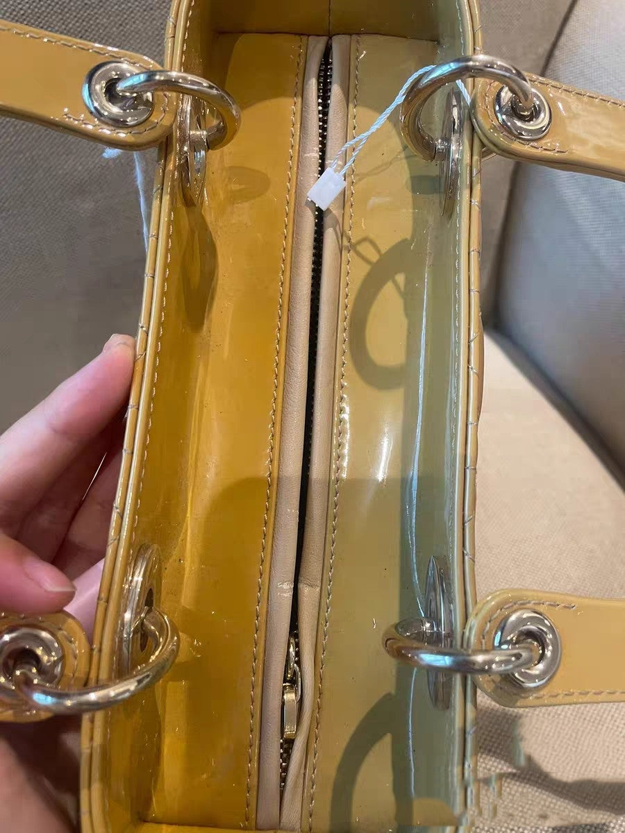 Christian Dior Lady Dior Medium Yellow Patent Leather Top Handle Bag