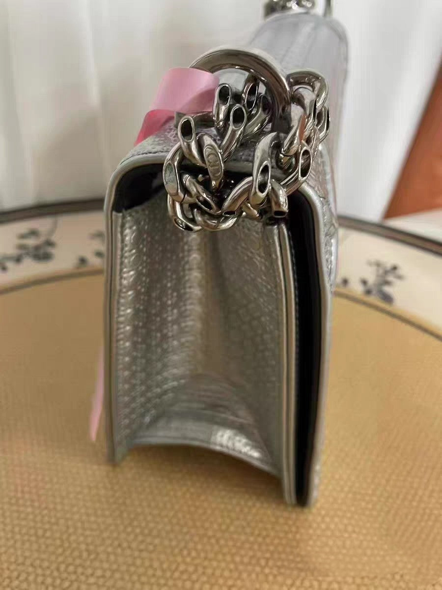 Christian Dior Diorama Medium Silver Metallic Leather Shoulder Bag