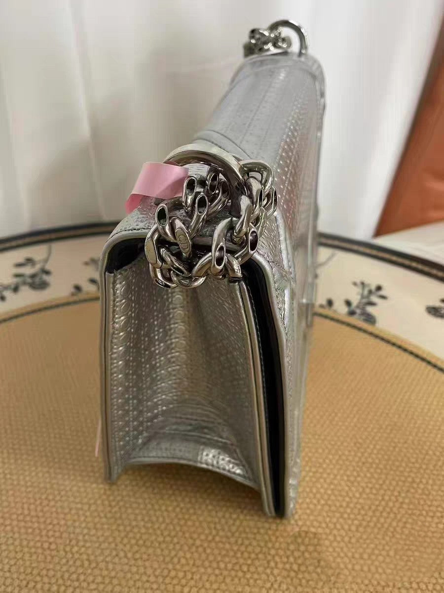 Christian Dior Diorama Medium Silver Metallic Leather Shoulder Bag