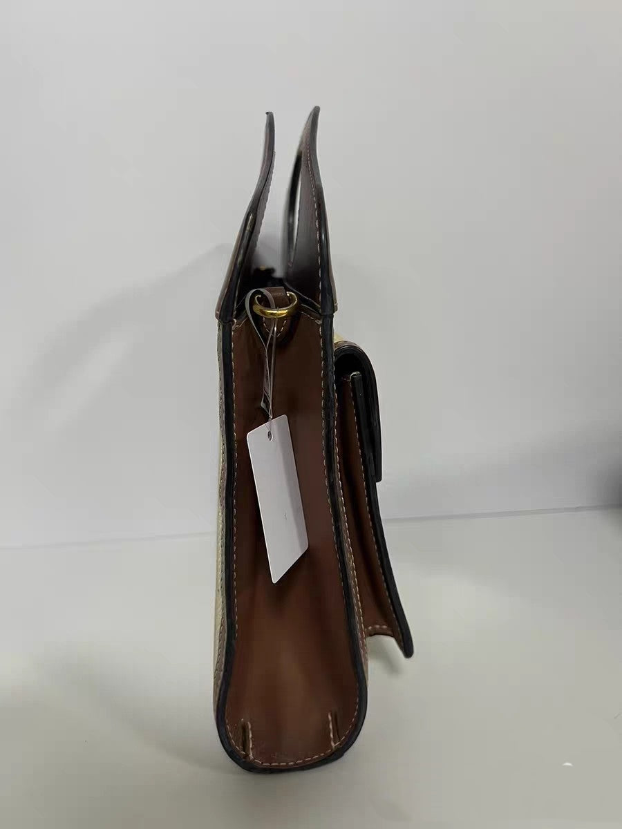 Burberry Horseferry Pocket Beige Canvas & Brown Leather Pocket Bag