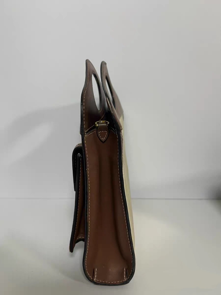 Burberry Horseferry Pocket Beige Canvas & Brown Leather Pocket Bag