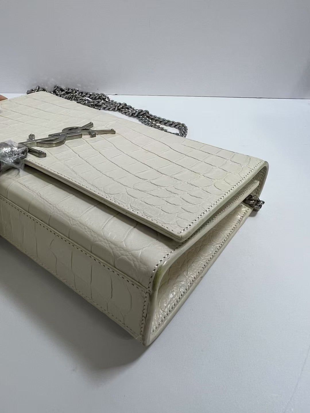 Saint Laurent Kate Cream Crocodile-Embossed Leather Tassel Chain Bag