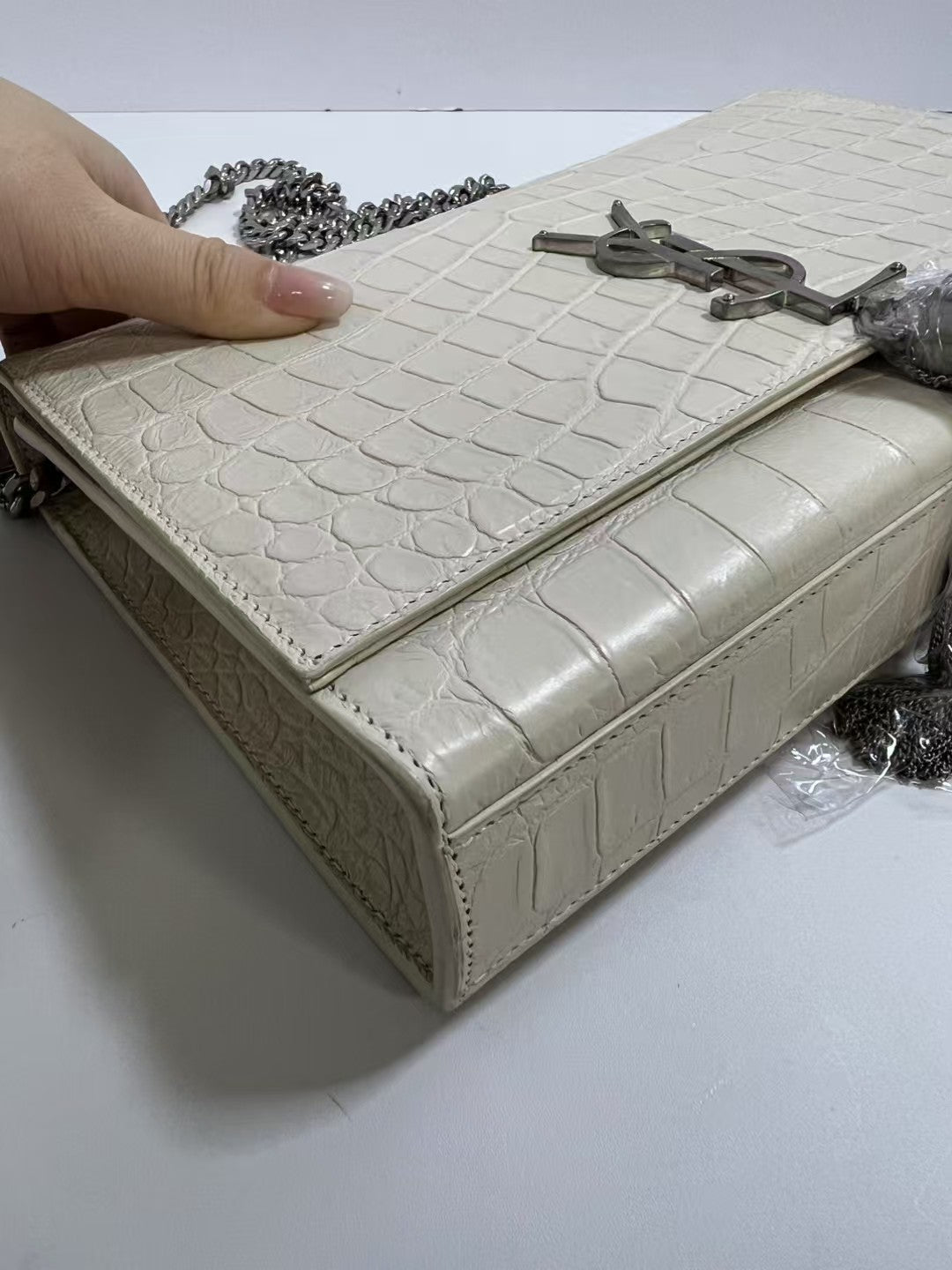 Saint Laurent Kate Cream Crocodile-Embossed Leather Tassel Chain Bag