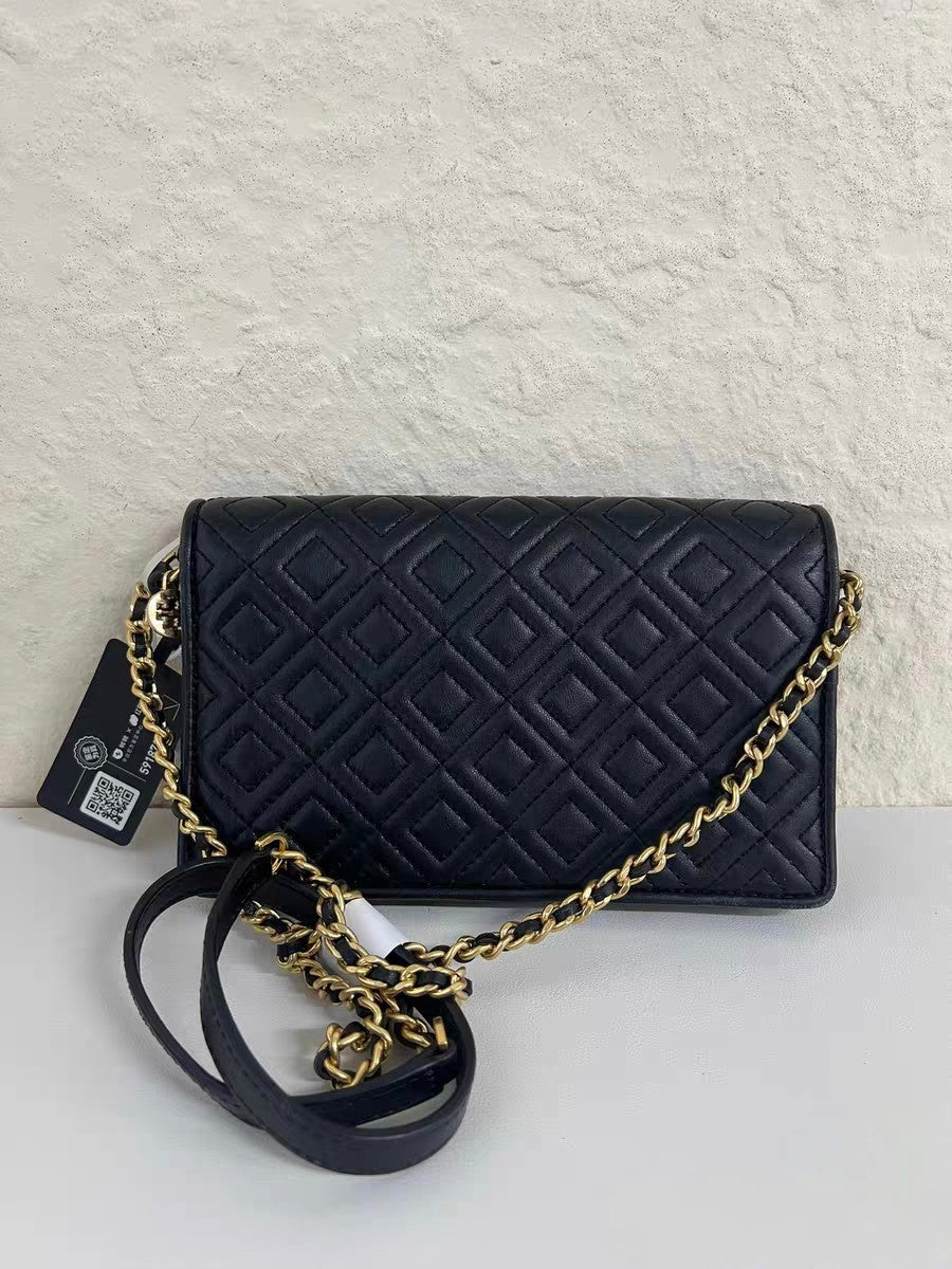 Tory Burch Fleming Black Leather Wallet-on-Chain Crossbody Bag