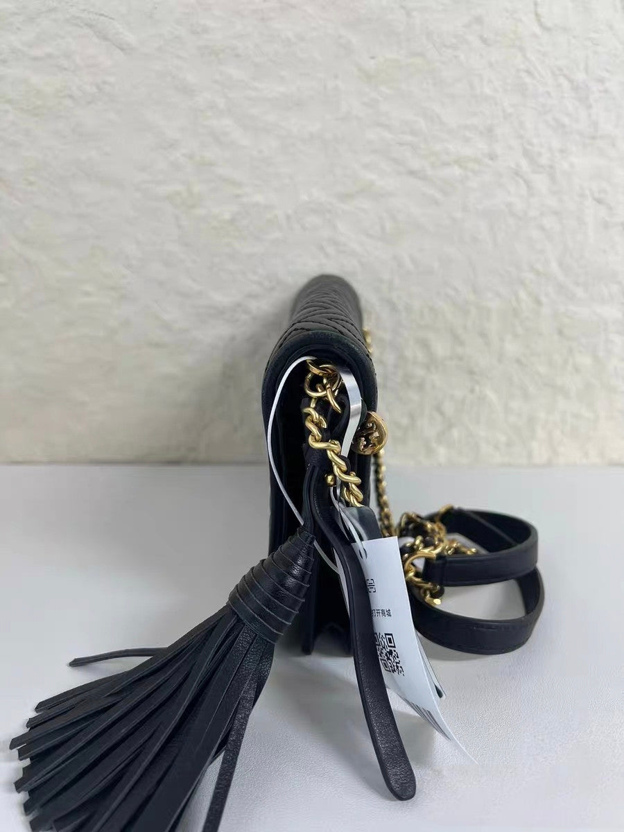 Tory Burch Fleming Black Leather Wallet-on-Chain Crossbody Bag