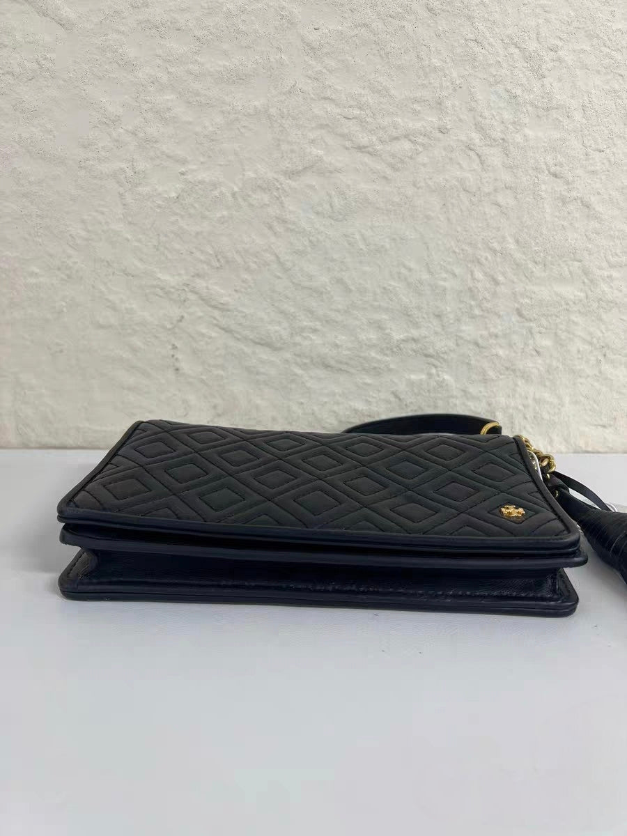 Tory Burch Fleming Black Leather Wallet-on-Chain Crossbody Bag