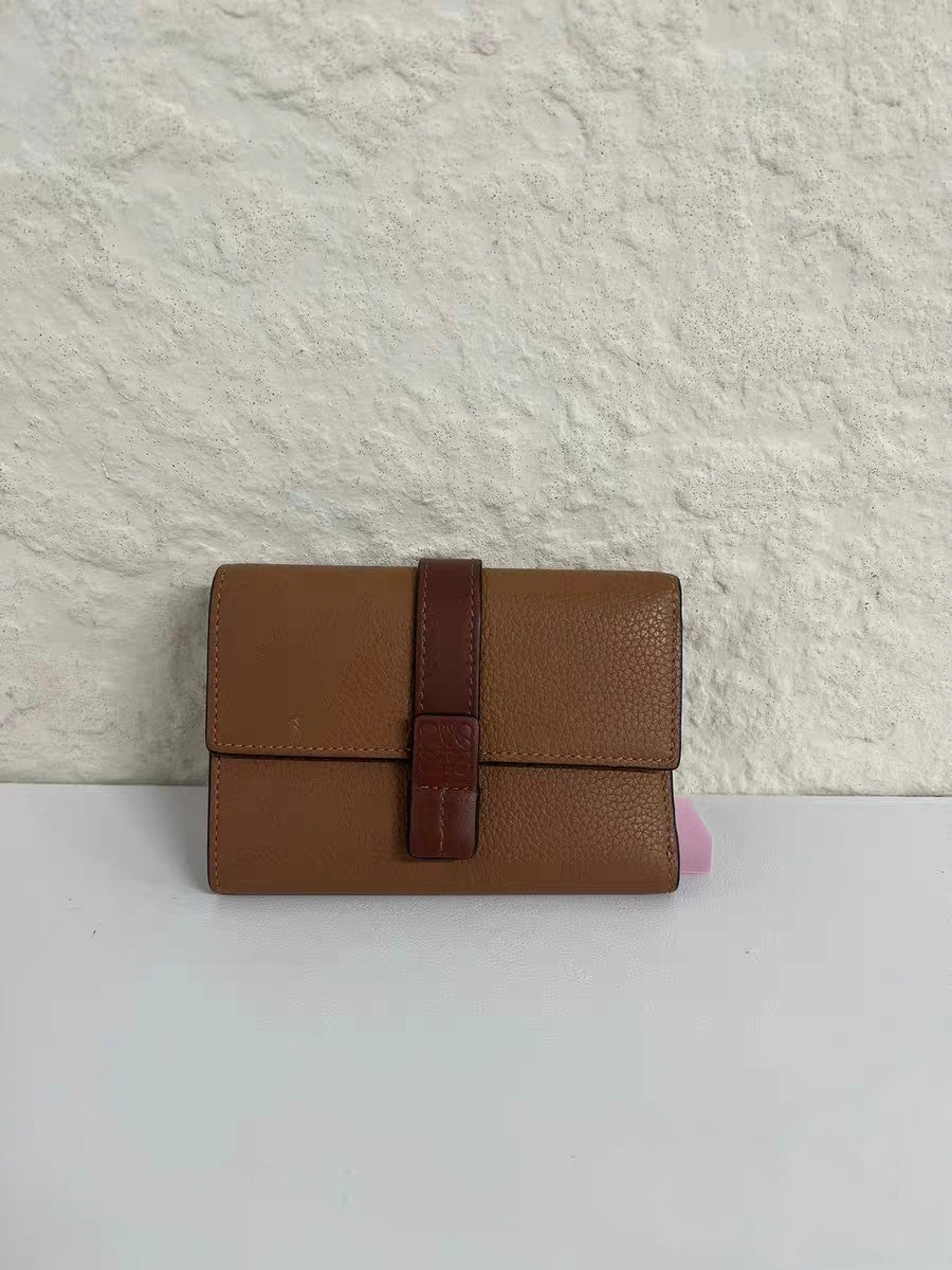 Loewe Anagram Vertical Small Wallet Tan Grained Leather Trifold Wallet