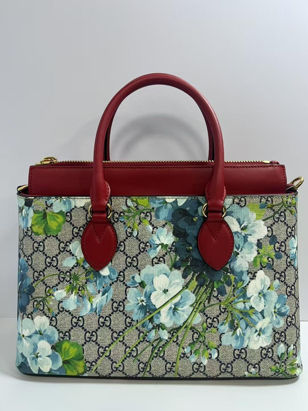 Gucci GG Blooms Blue Floral Coated Canvas Satchel Bag