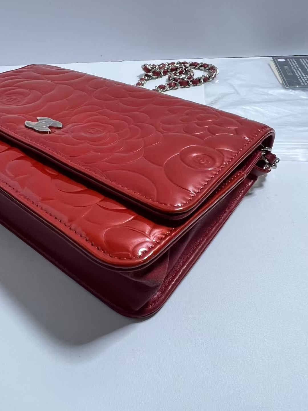 Chanel Camellia Red Patent Leather Wallet on Chain (WOC)