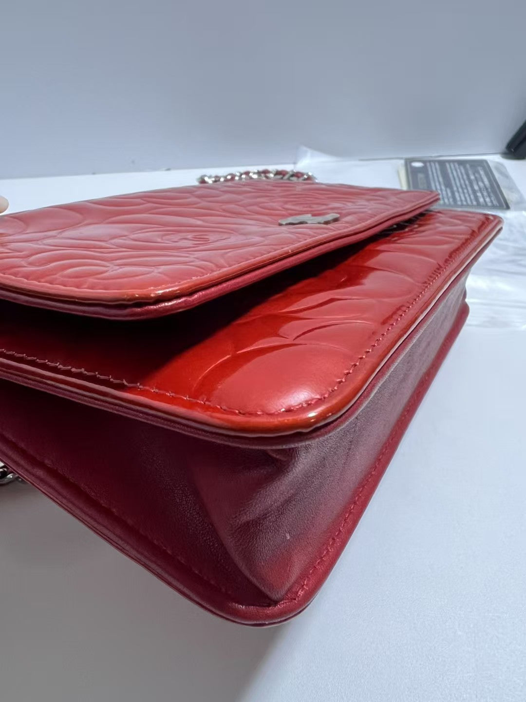 Chanel Camellia Red Patent Leather Wallet on Chain (WOC)