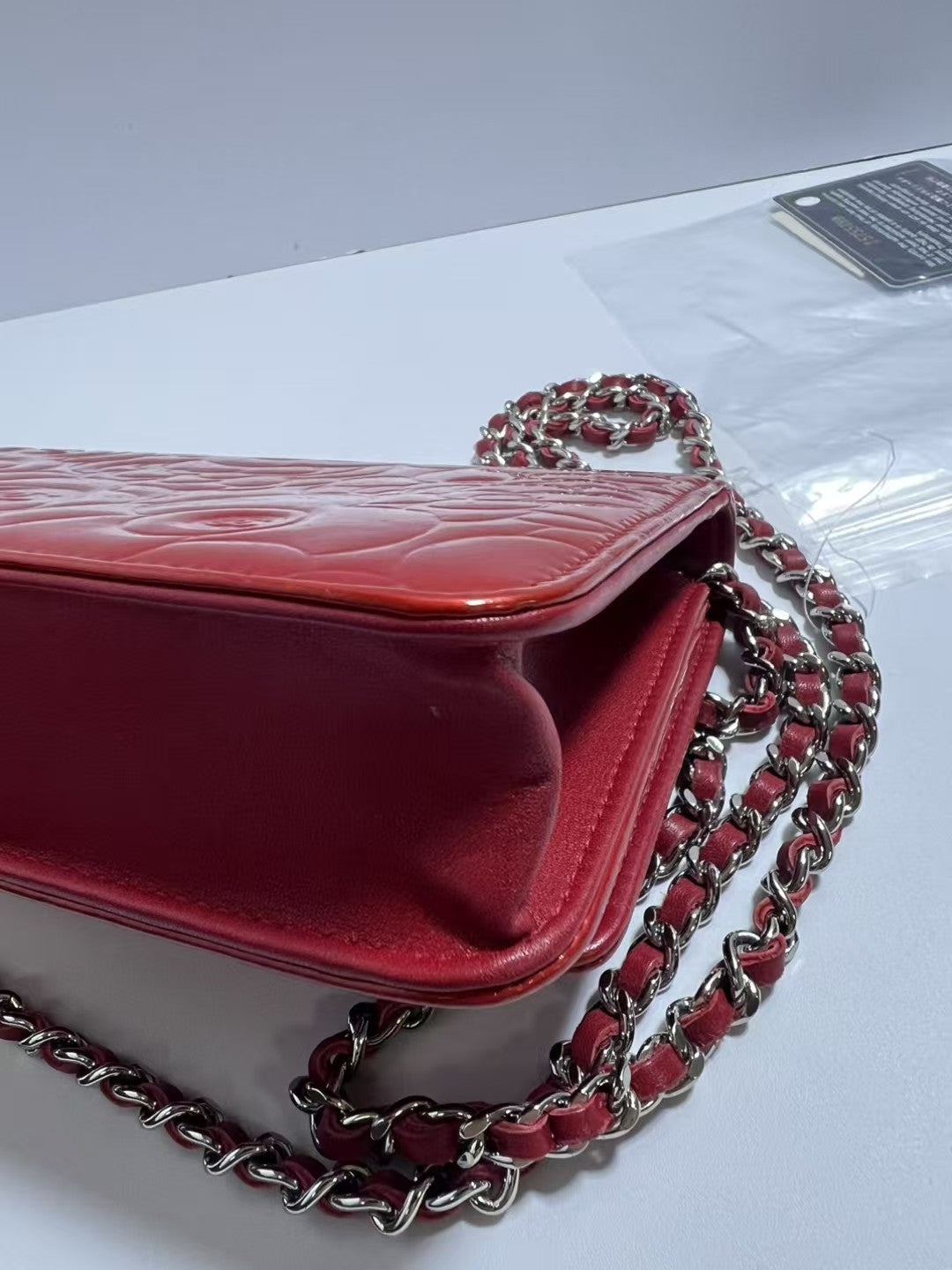 Chanel Camellia Red Patent Leather Wallet on Chain (WOC)