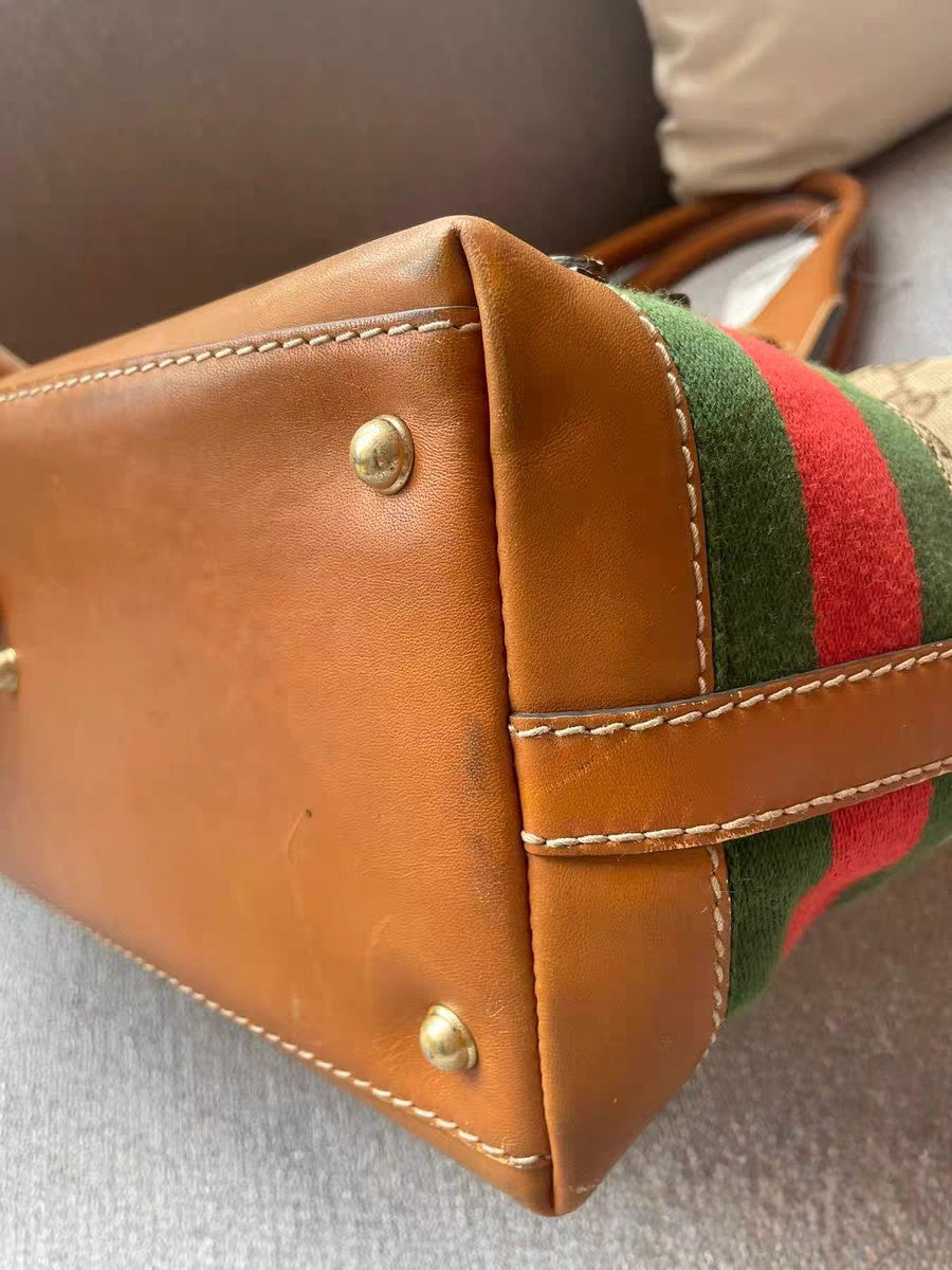 Gucci GG Monogram Web Beige Canvas / Brown Leather Tote Bag