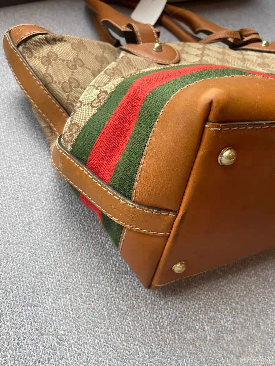 Gucci GG Monogram Web Beige Canvas / Brown Leather Tote Bag