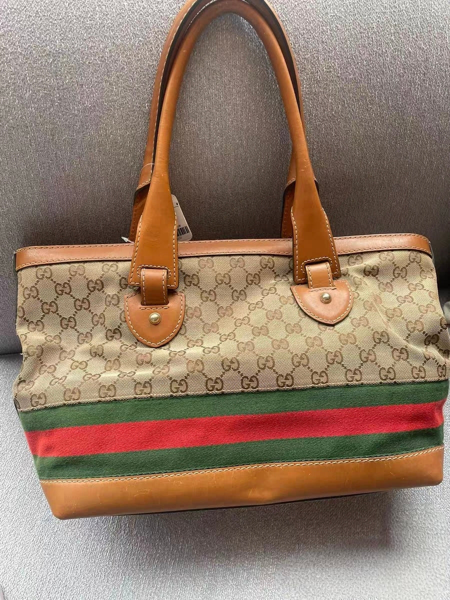 Gucci GG Monogram Web Beige Canvas / Brown Leather Tote Bag