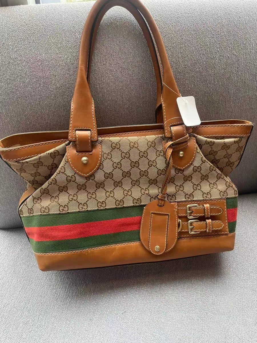 Gucci GG Monogram Web Beige Canvas / Brown Leather Tote Bag