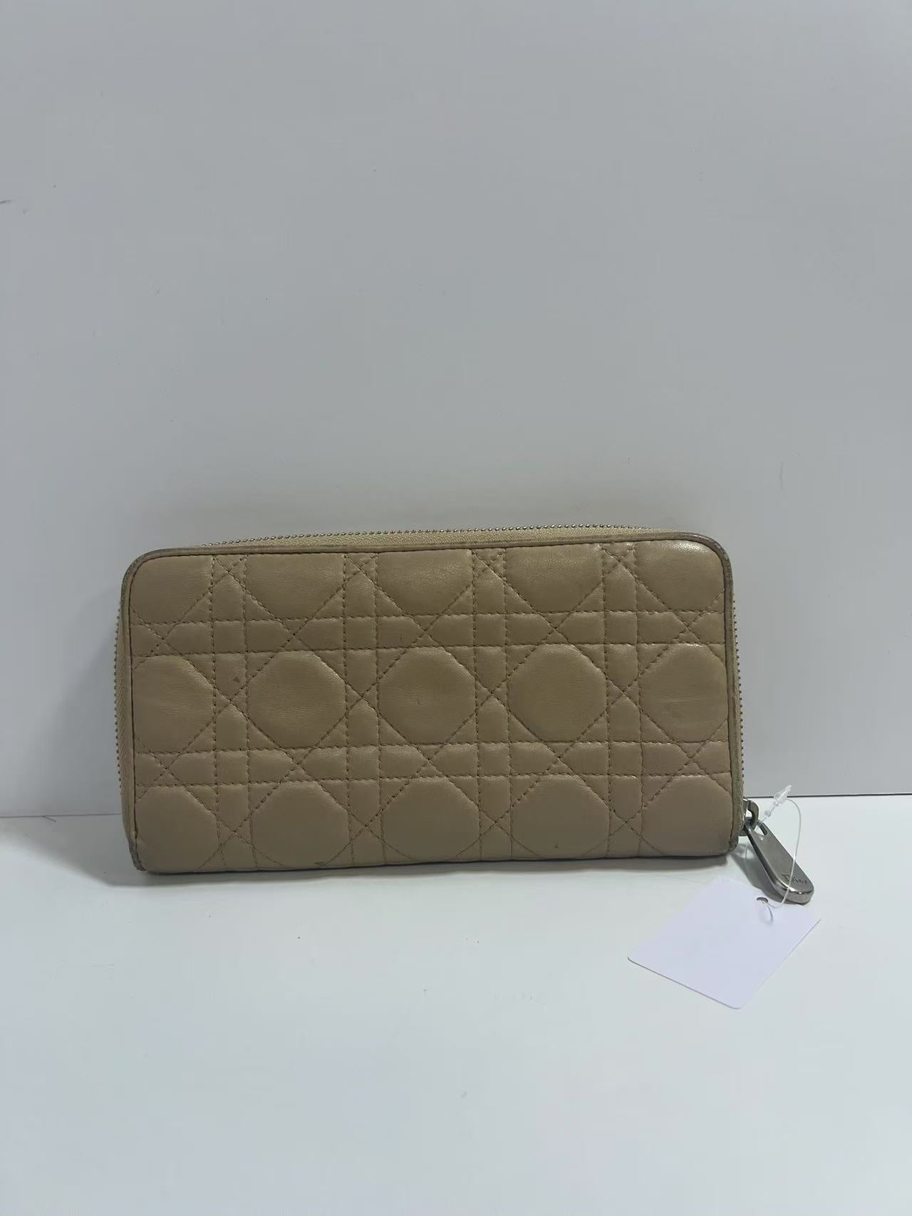 Christian Dior Lady Dior Voyageurs Beige Cannage Leather Zip-Around Wallet