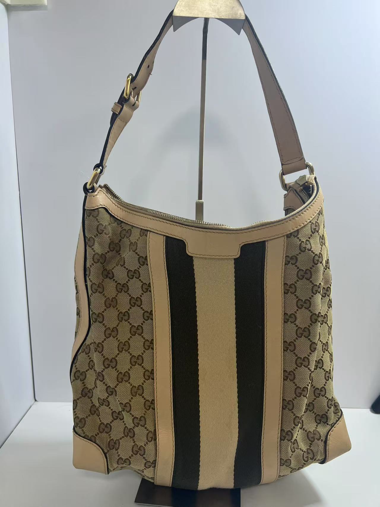 Gucci GG Monogram Web Beige Canvas / Beige Leather Hobo Bag