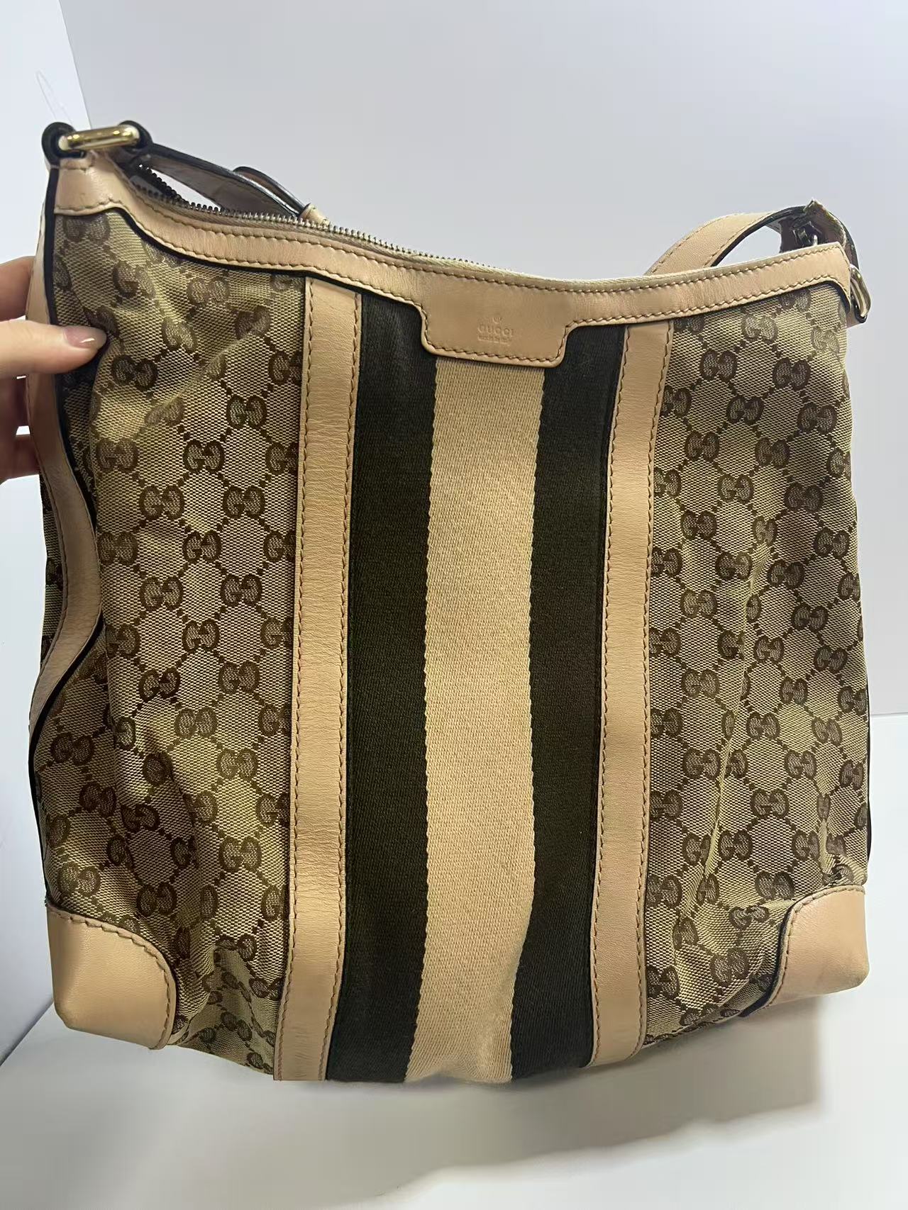 Gucci GG Monogram Web Beige Canvas / Beige Leather Hobo Bag