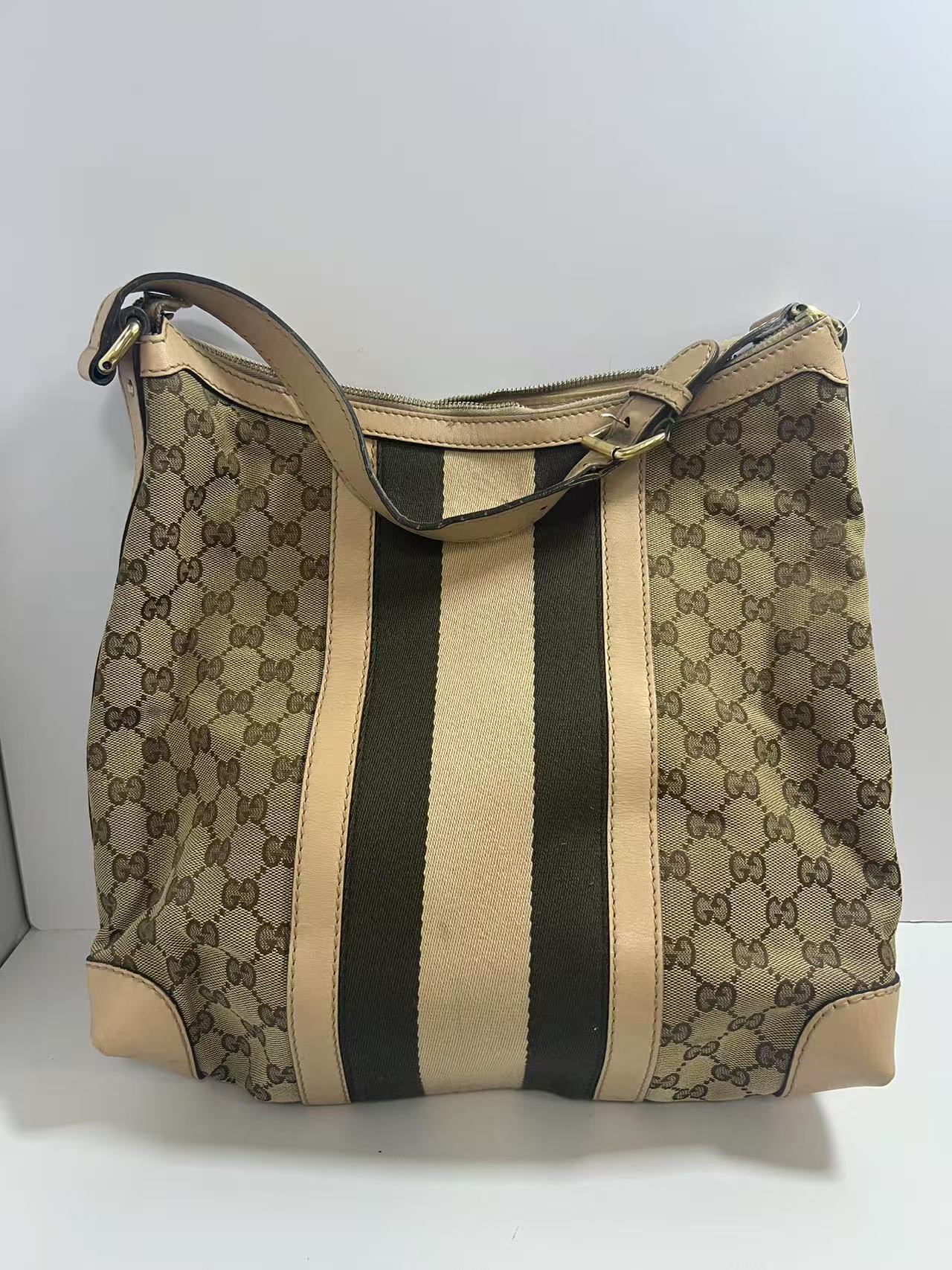 Gucci GG Monogram Web Beige Canvas / Beige Leather Hobo Bag