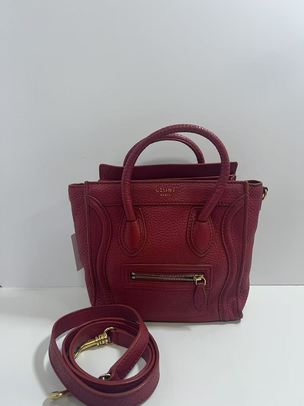 Celine Luggage Phantom Red Drummed Leather Tote Bag