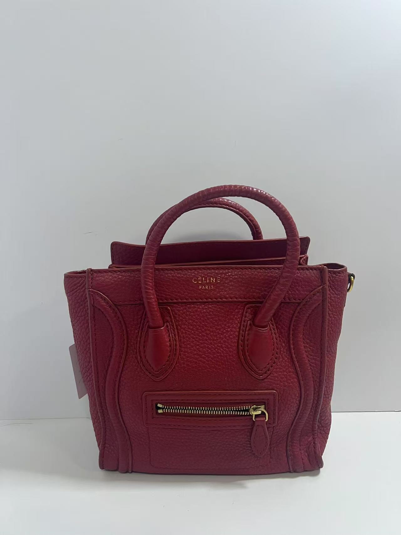 Celine Luggage Phantom Red Drummed Leather Tote Bag