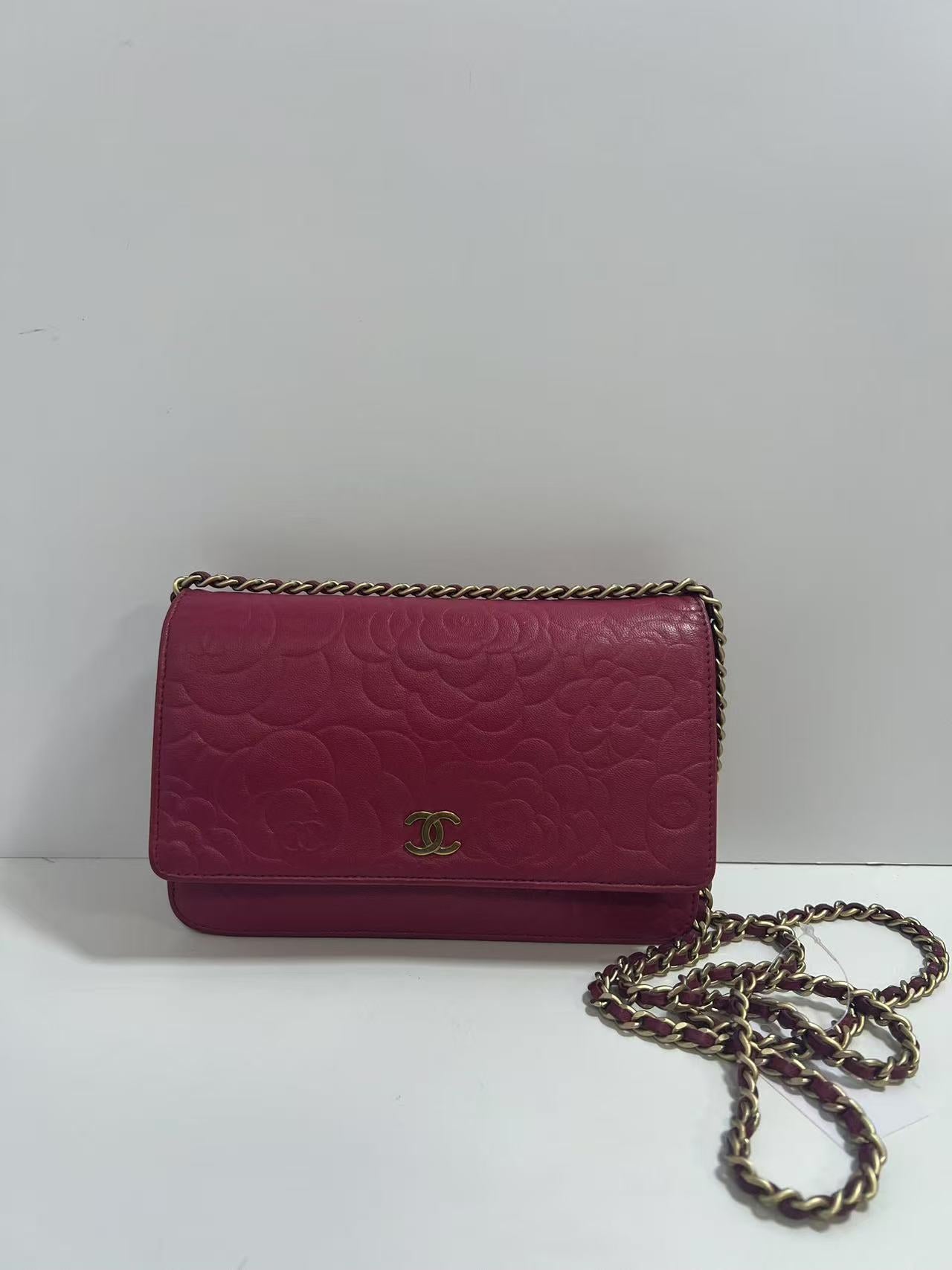 Chanel Camellia Embossed Fuchsia Leather Wallet on Chain (WOC)