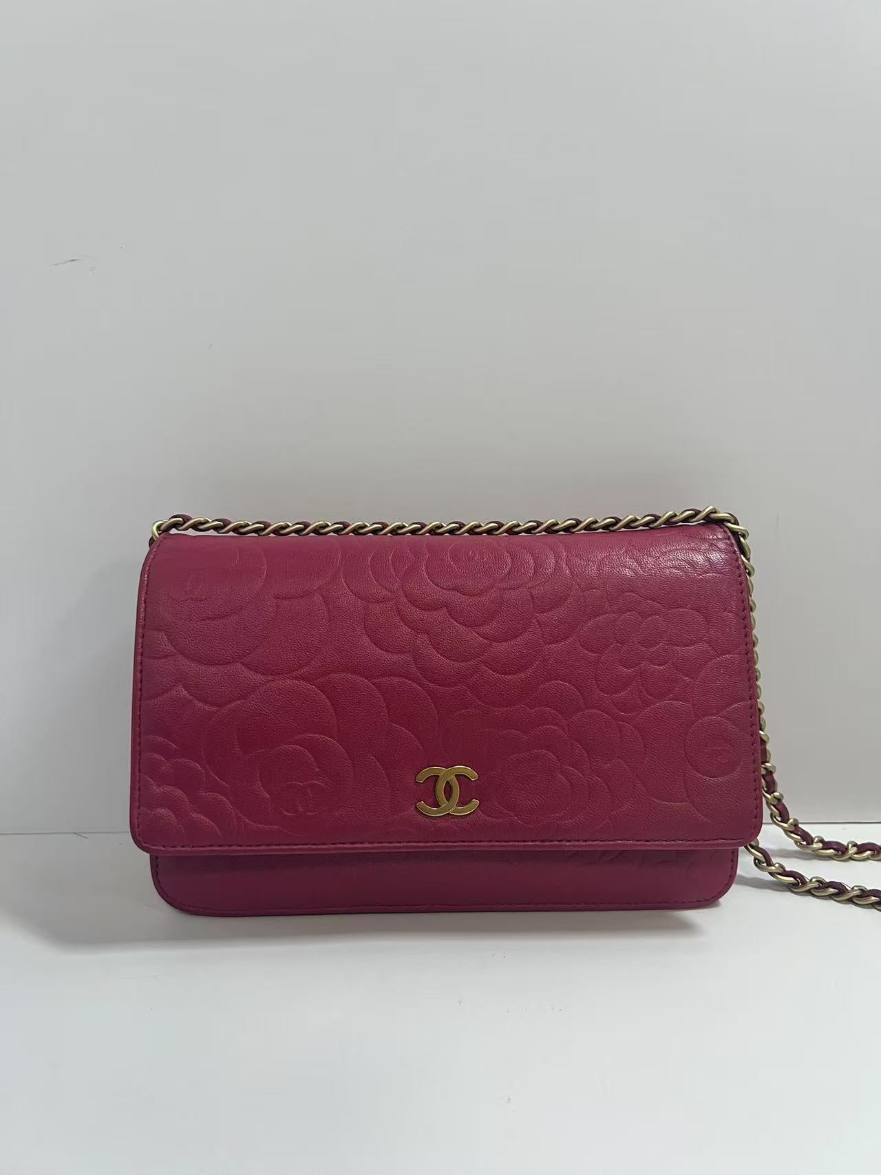 Chanel Camellia Embossed Fuchsia Leather Wallet on Chain (WOC)