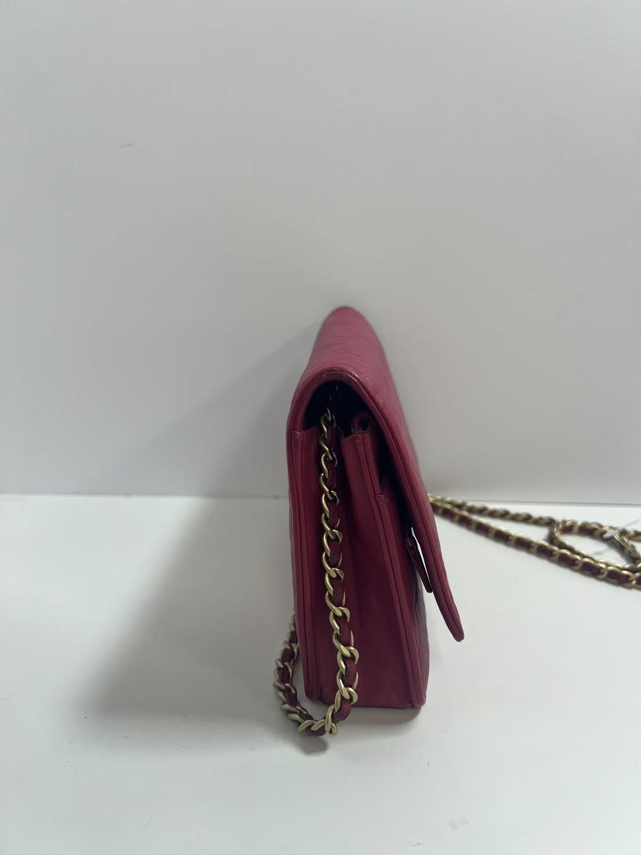 Chanel Camellia Embossed Fuchsia Leather Wallet on Chain (WOC)