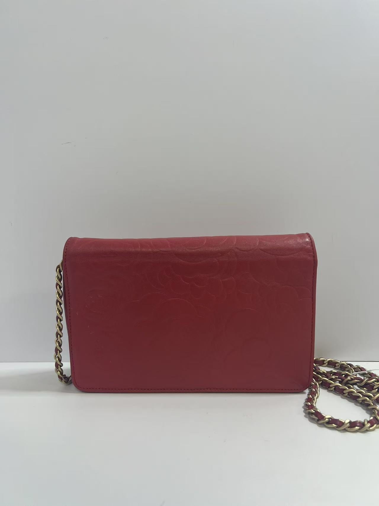 Chanel Camellia Embossed Fuchsia Leather Wallet on Chain (WOC)