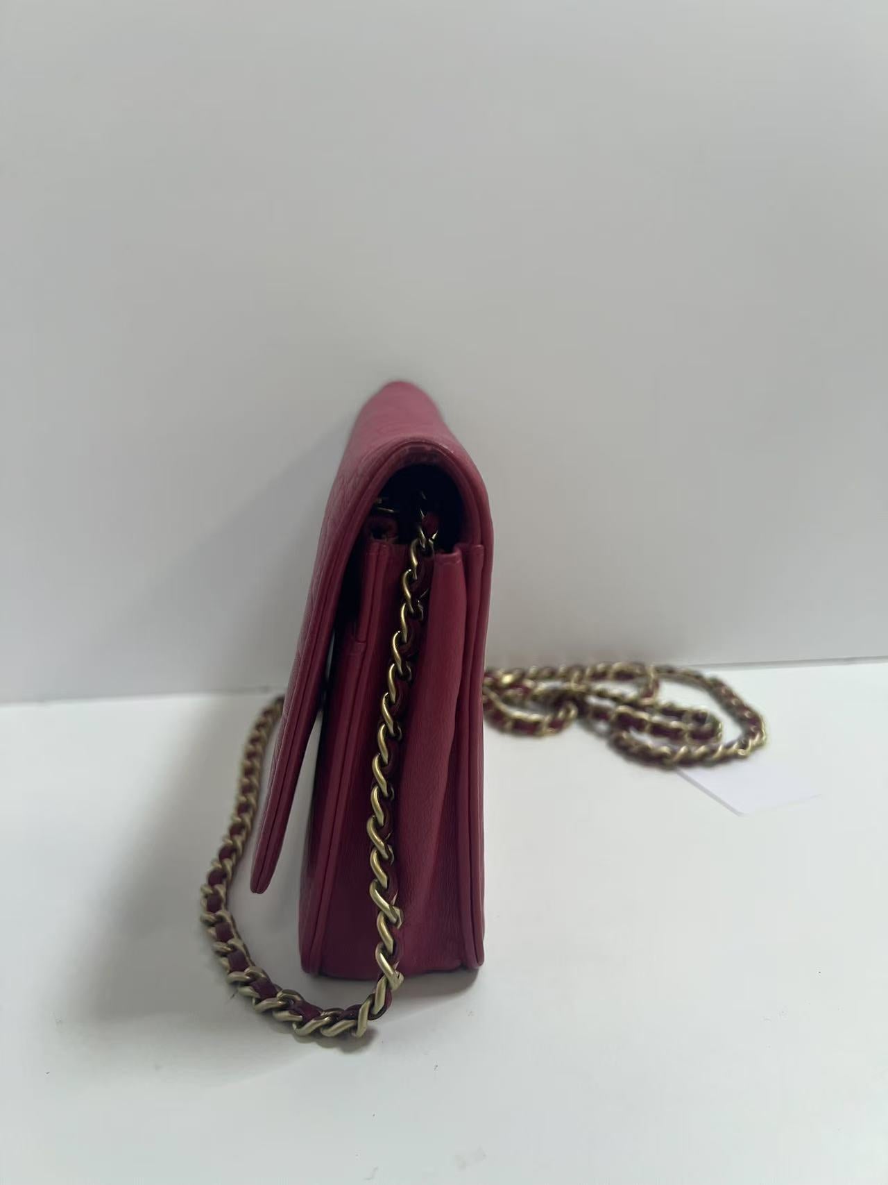 Chanel Camellia Embossed Fuchsia Leather Wallet on Chain (WOC)