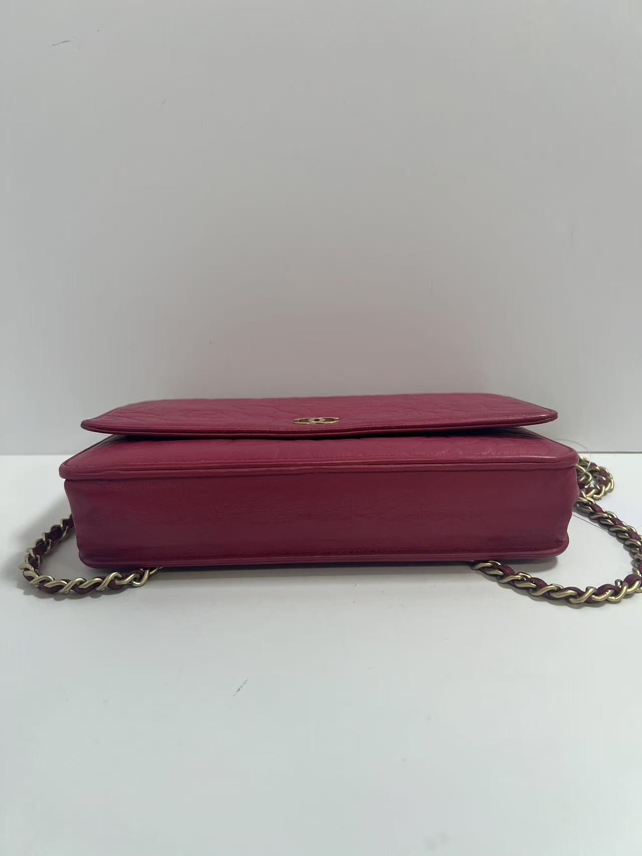 Chanel Camellia Embossed Fuchsia Leather Wallet on Chain (WOC)