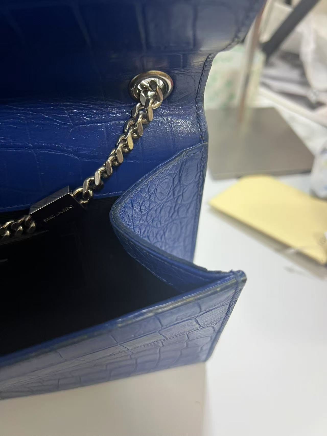 Saint Laurent Kate Blue Crocodile-Embossed Leather Shoulder Bag