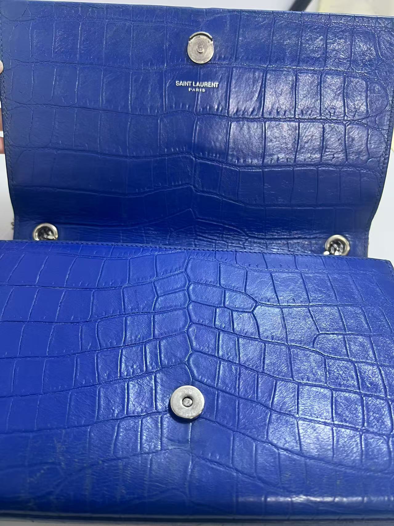 Saint Laurent Kate Blue Crocodile-Embossed Leather Shoulder Bag