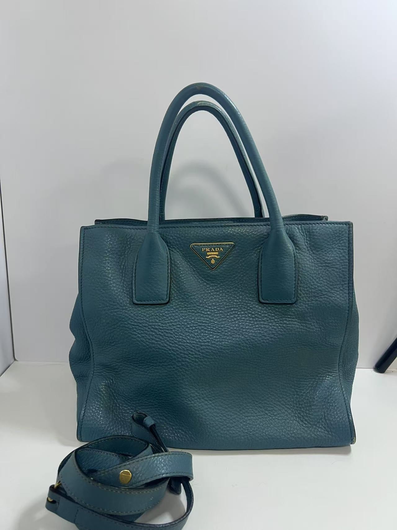 Prada Teal Vitello Daino Leather Tote Bag