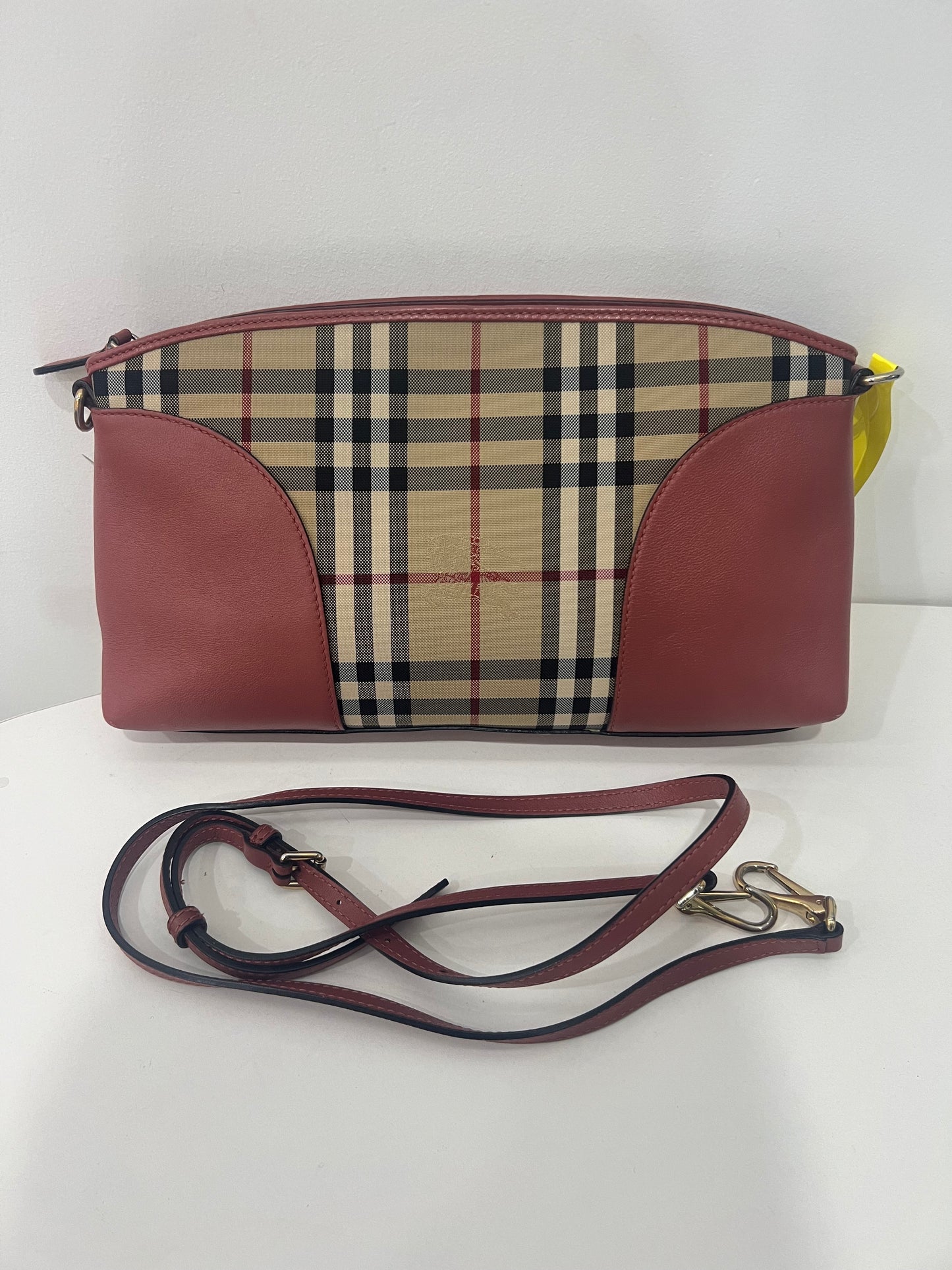 Burberry Haymarket Check Red Leather Crossbody Clutch Bag