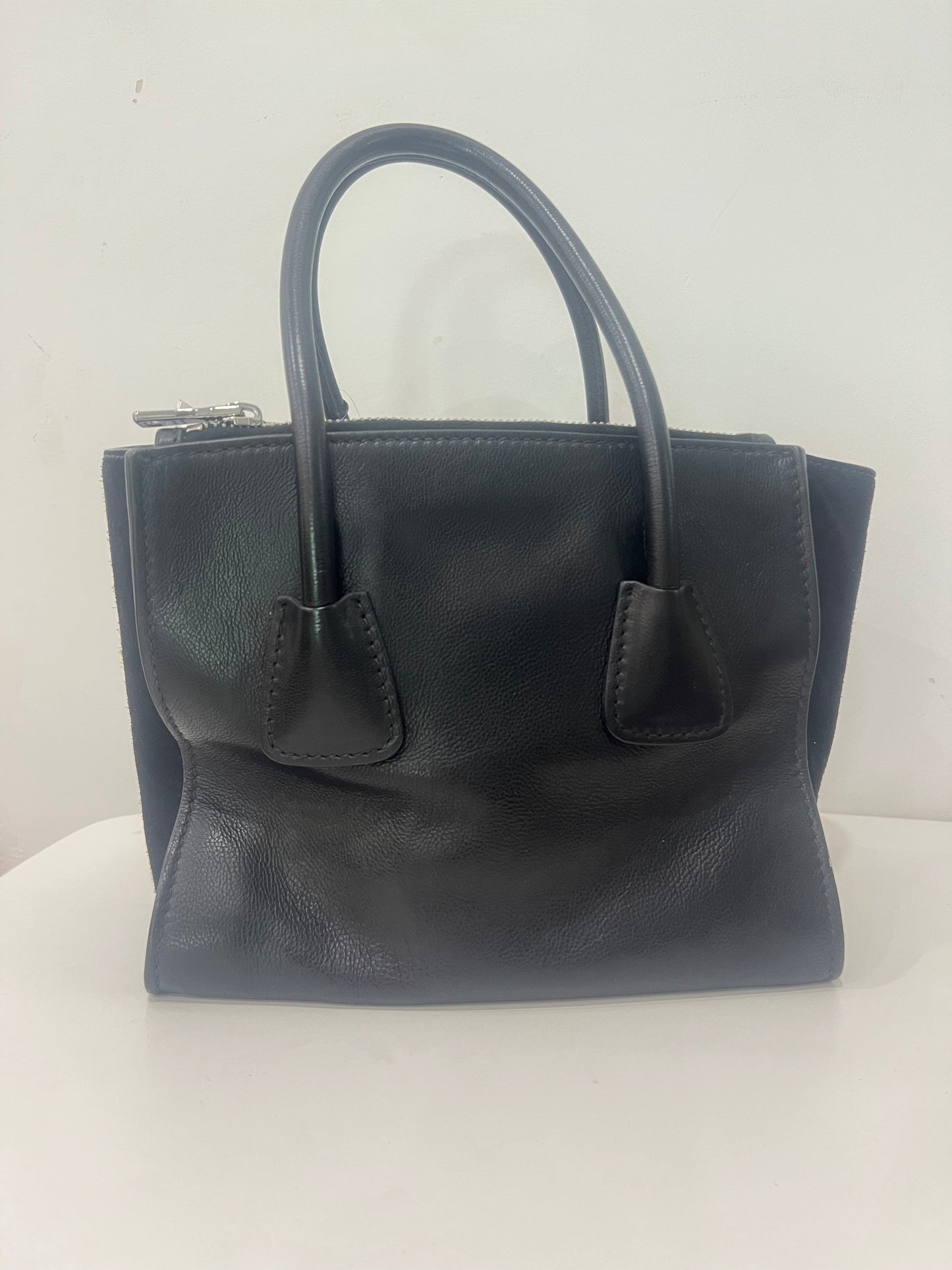 Prada Double Medium Black Leather & Suede Tote Bag