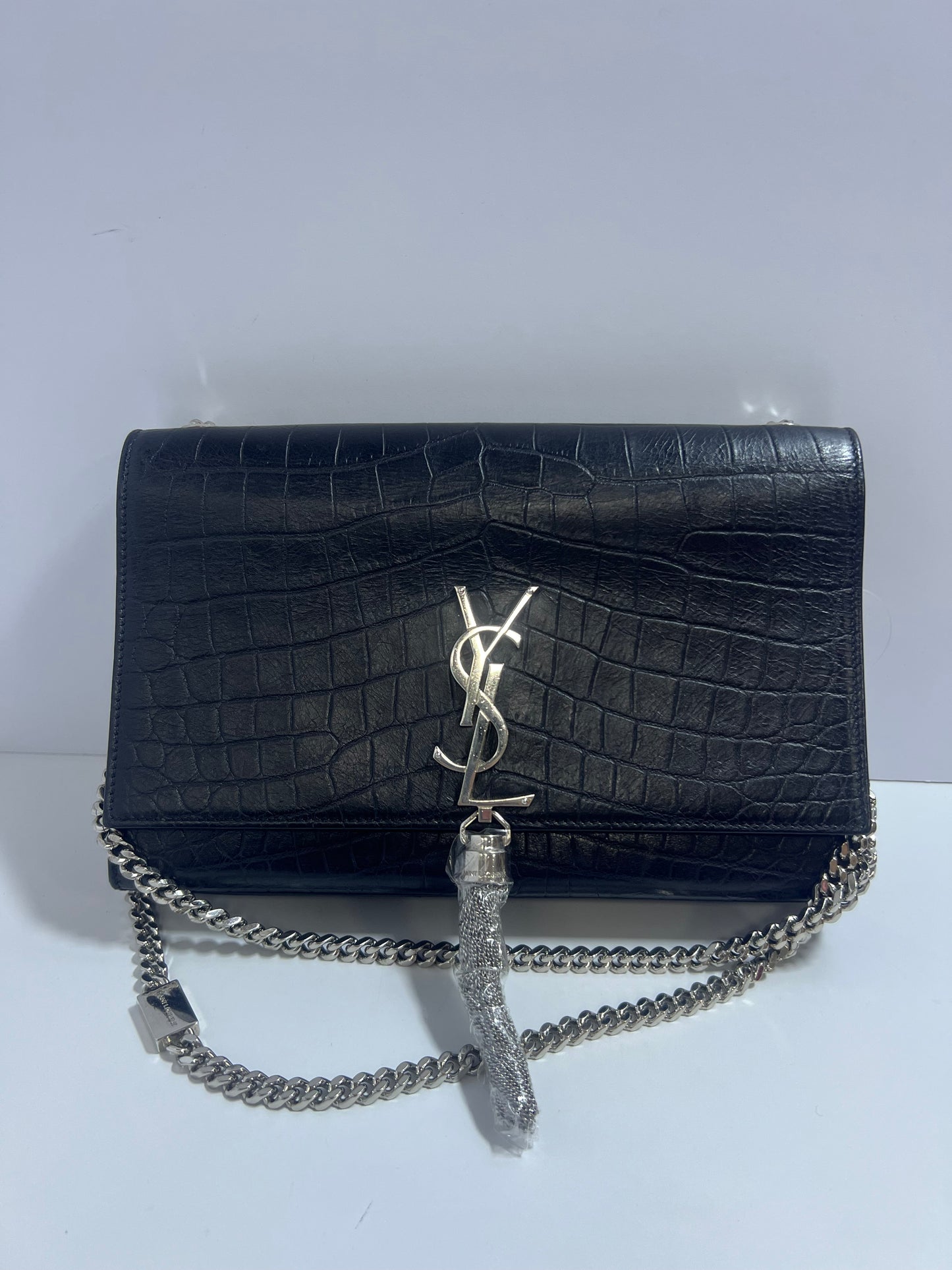 Saint Laurent Kate Medium Black Crocodile-Embossed Leather Chain Bag