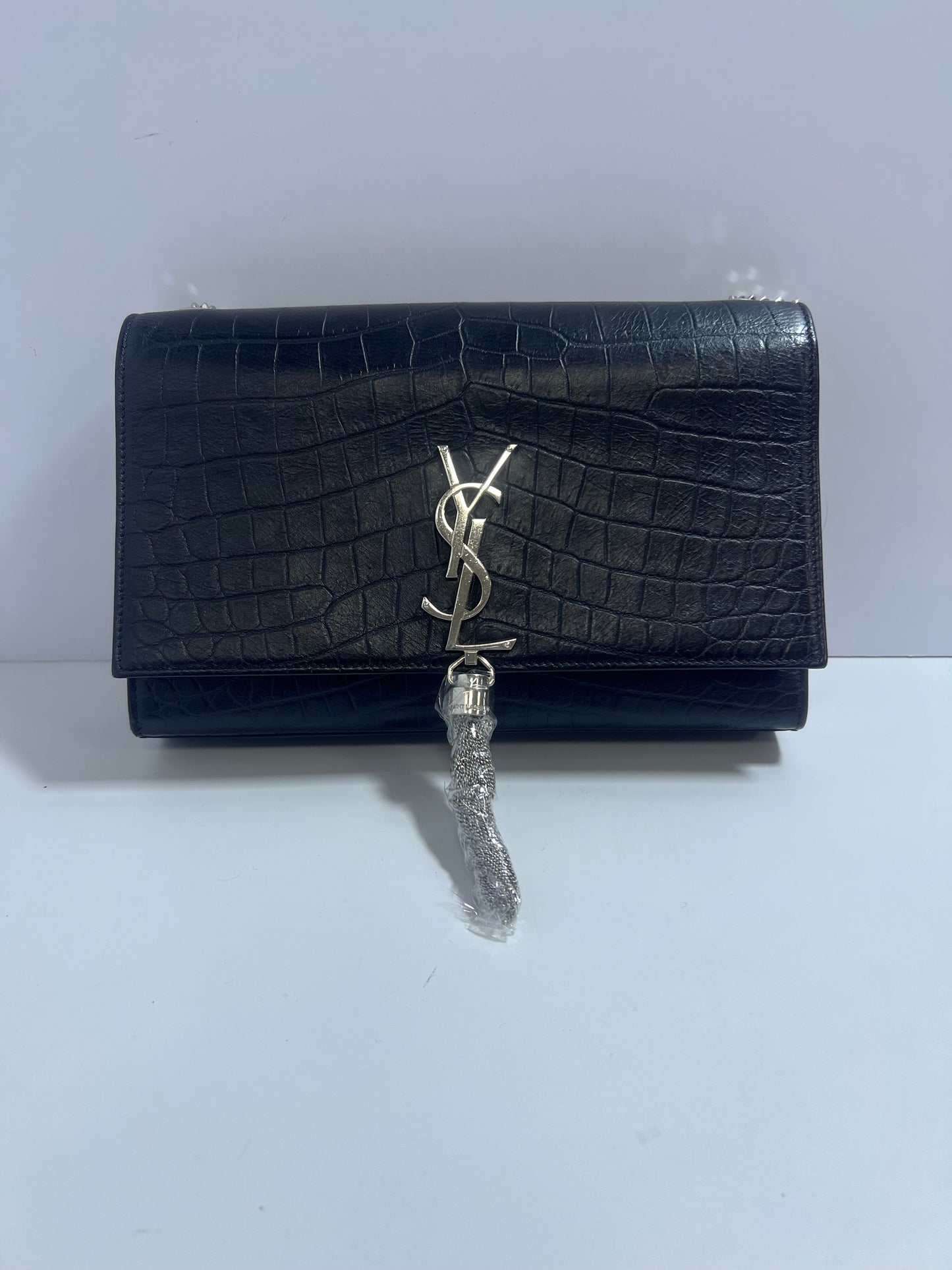 Saint Laurent Kate Medium Black Crocodile-Embossed Leather Chain Bag