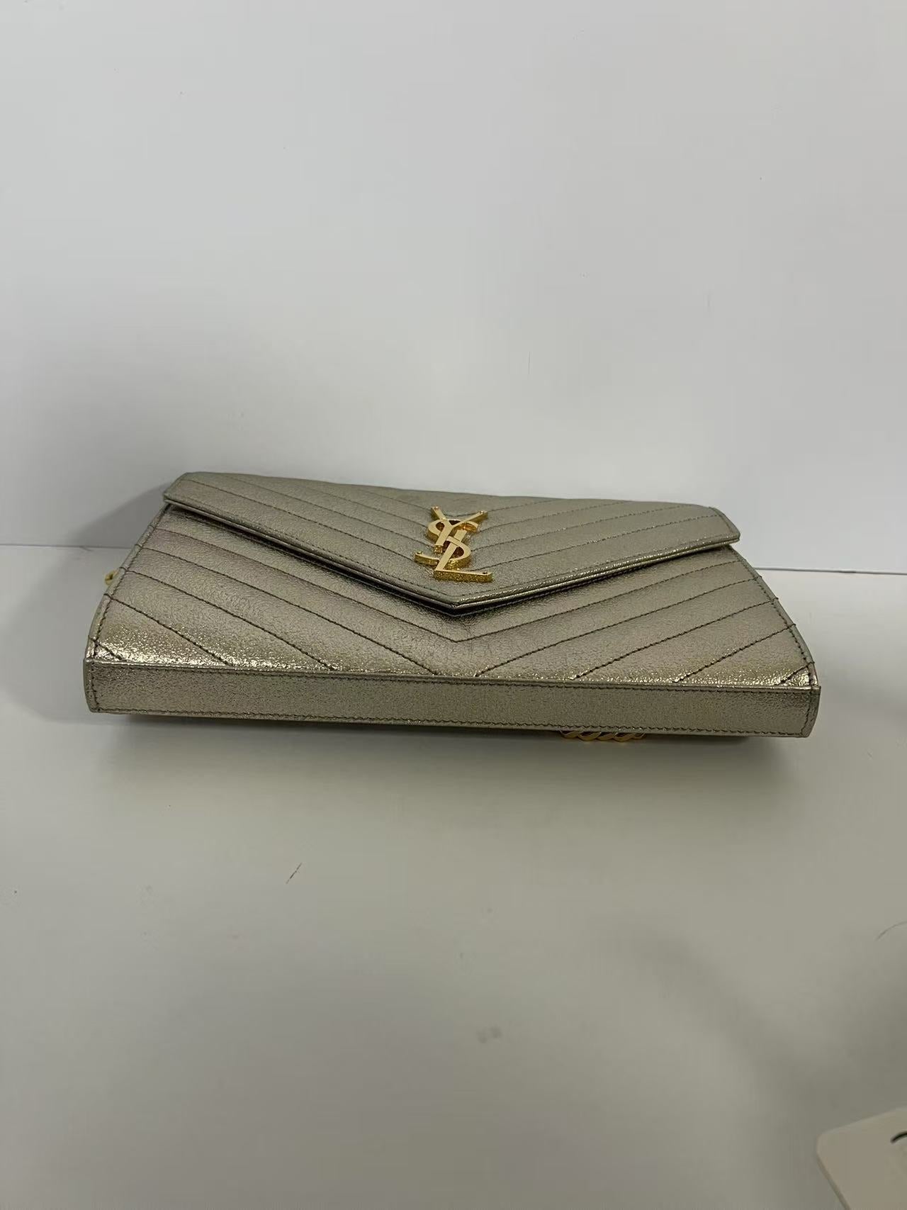 Saint Laurent (YSL) Metallic Gold Chevron Quilted WOC