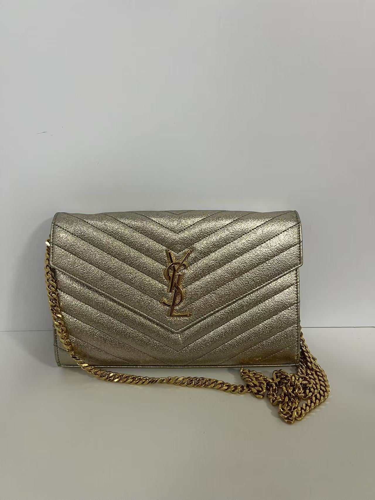 Saint Laurent (YSL) Metallic Gold Chevron Quilted WOC