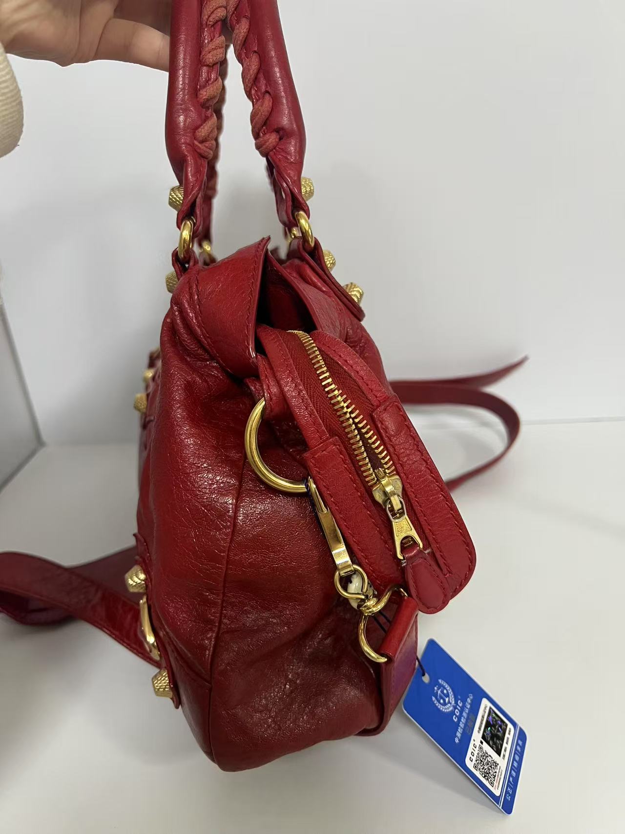 Balenciaga Red Leather Studded Motorcycle Bag