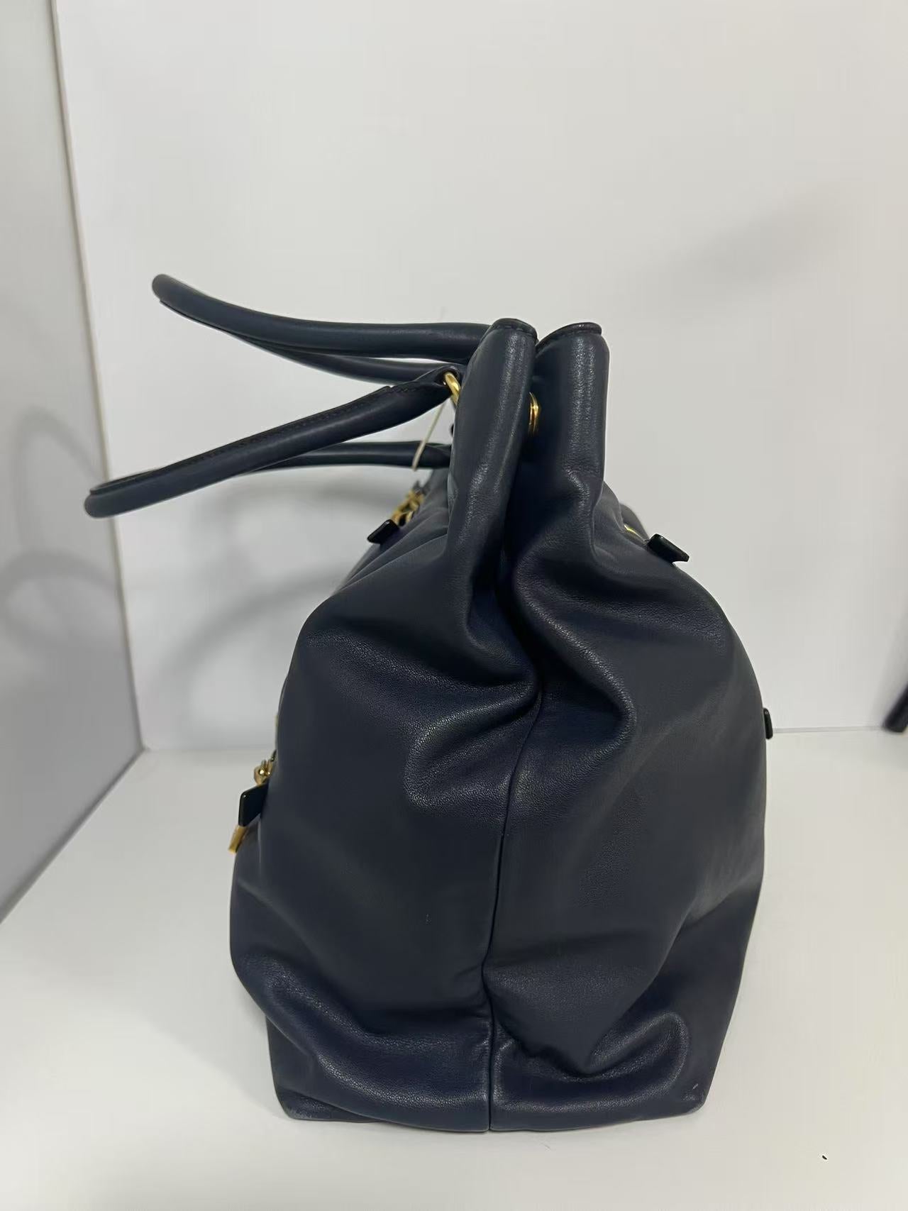 Prada Navy Blue Soft Leather Large Tote Bag