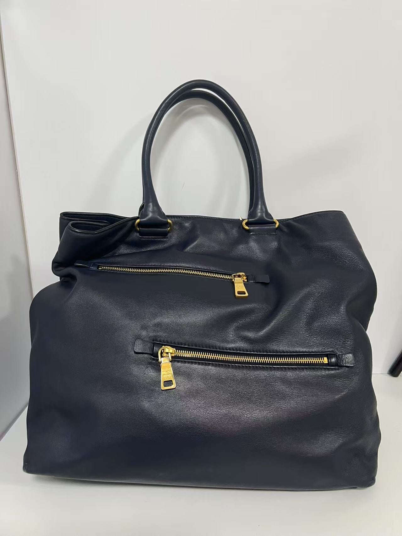Prada Navy Blue Soft Leather Large Tote Bag