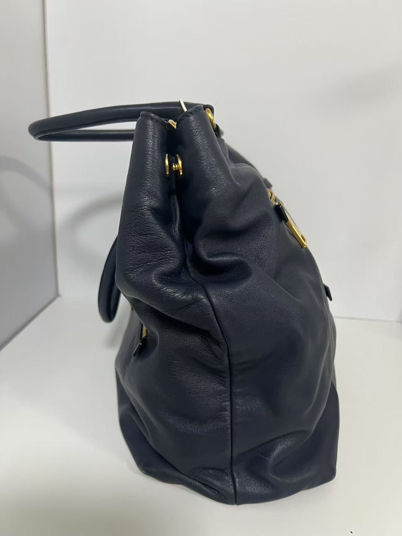Prada Navy Blue Soft Leather Large Tote Bag