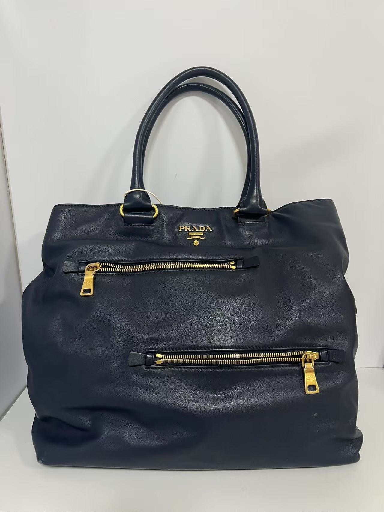 Prada Navy Blue Soft Leather Large Tote Bag