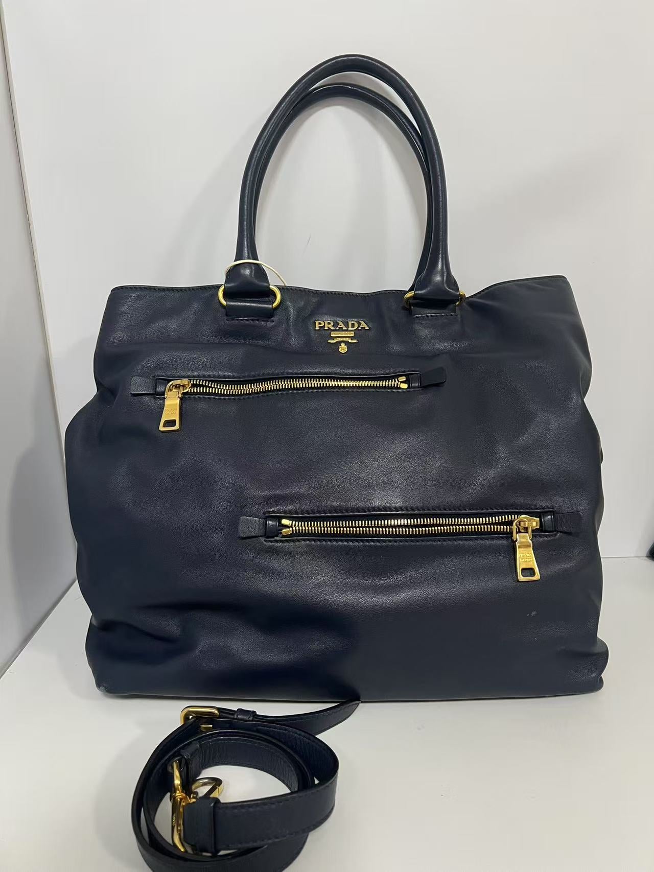 Prada Navy Blue Soft Leather Large Tote Bag